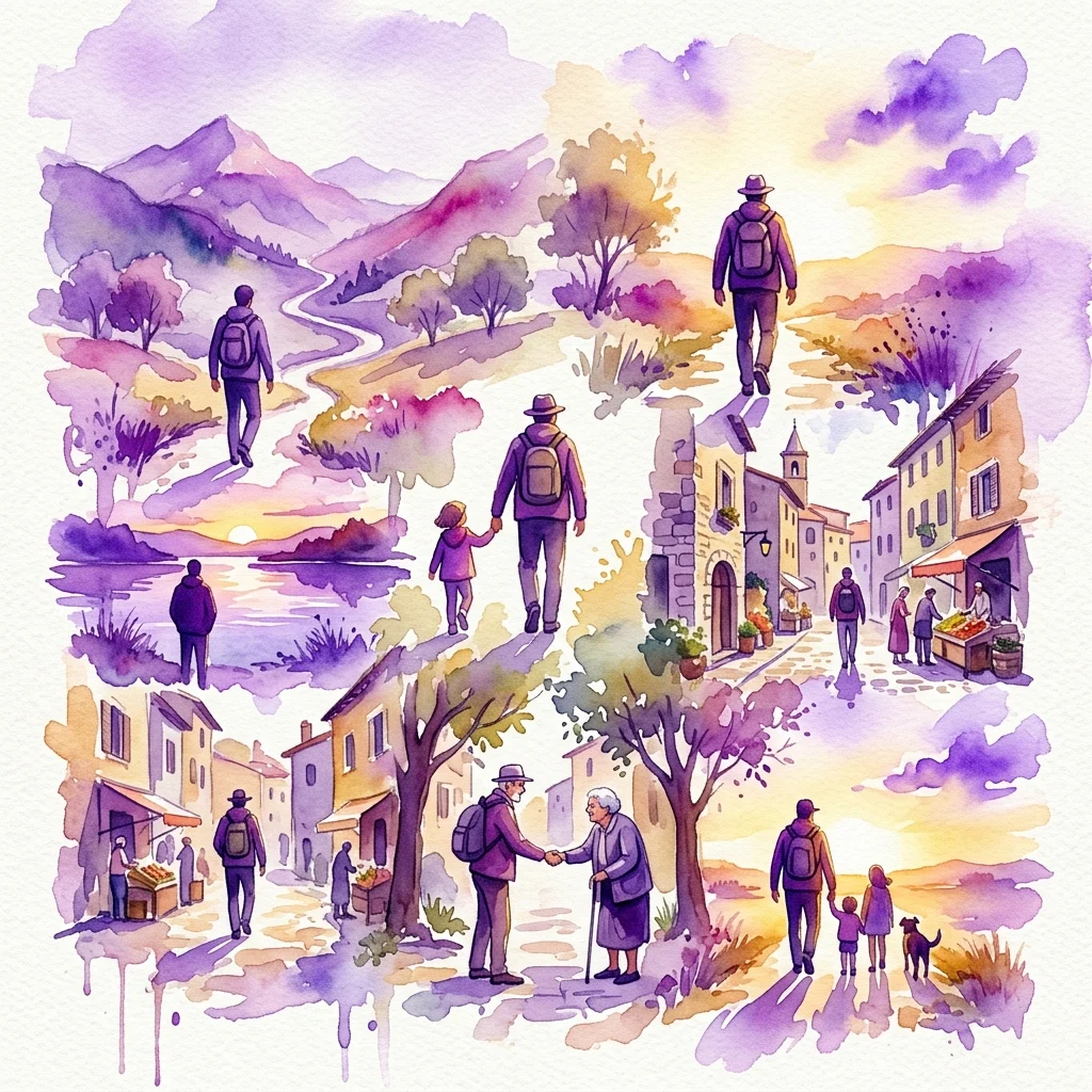 Een aquarelillustratie die een vaderfiguur afbeeldt op een reis door diverse landschappen en steden, met scènes van wandelen, interactie met de lokale bevolking en familiegeluk, weergegeven in een levendige, zonovergoten stijl.
