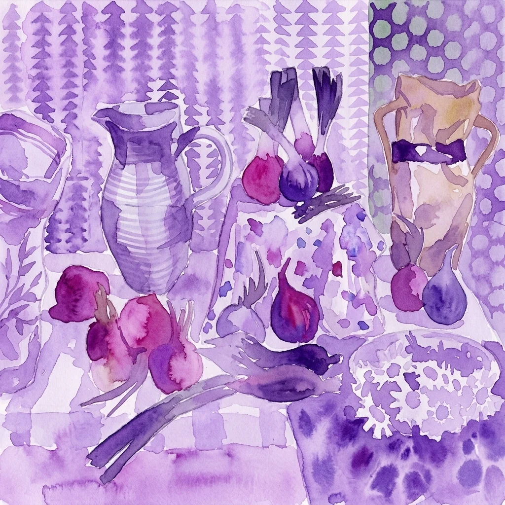 Een levendige paarse aquarel stillevenschilderij van Daniel Gordon met een kan, uien en een vaas met abstracte patronen en texturen.
