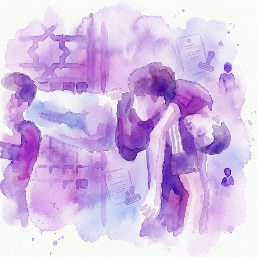 Ilustracja akwarelowa w odcieniach fioletu i błękitu przedstawiająca młodych mężczyzn w pozie kontemplacyjnej, z symbolicznymi elementami, takimi jak dokument i geometryczny wzór, reprezentująca tematykę migracji i integracji.