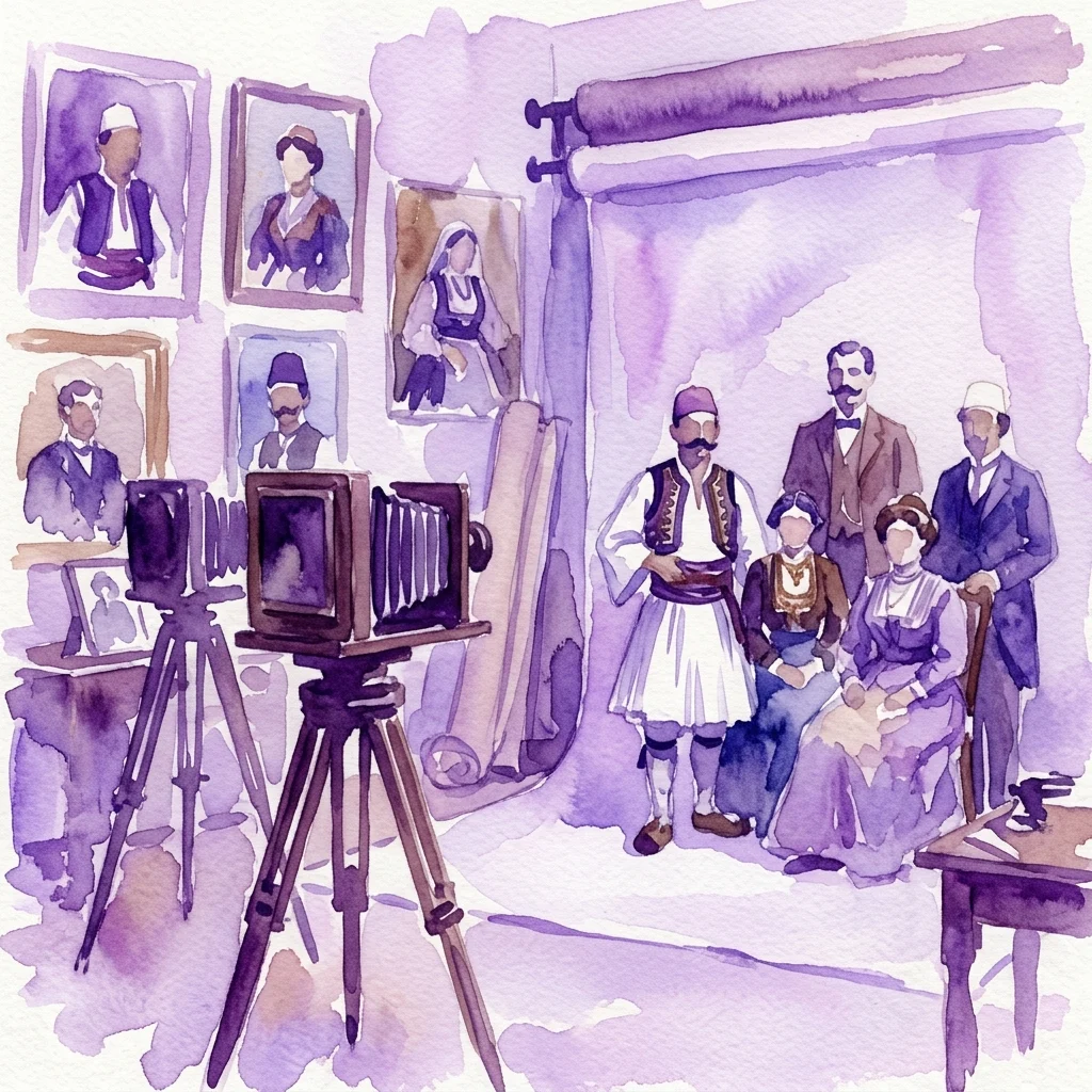 Ilustracja akwarelowa XIX-wiecznego studia fotograficznego z zabytkowymi aparatami, oprawionymi portretami i ludźmi w tradycyjnych albańskich strojach pozującymi do portretu.