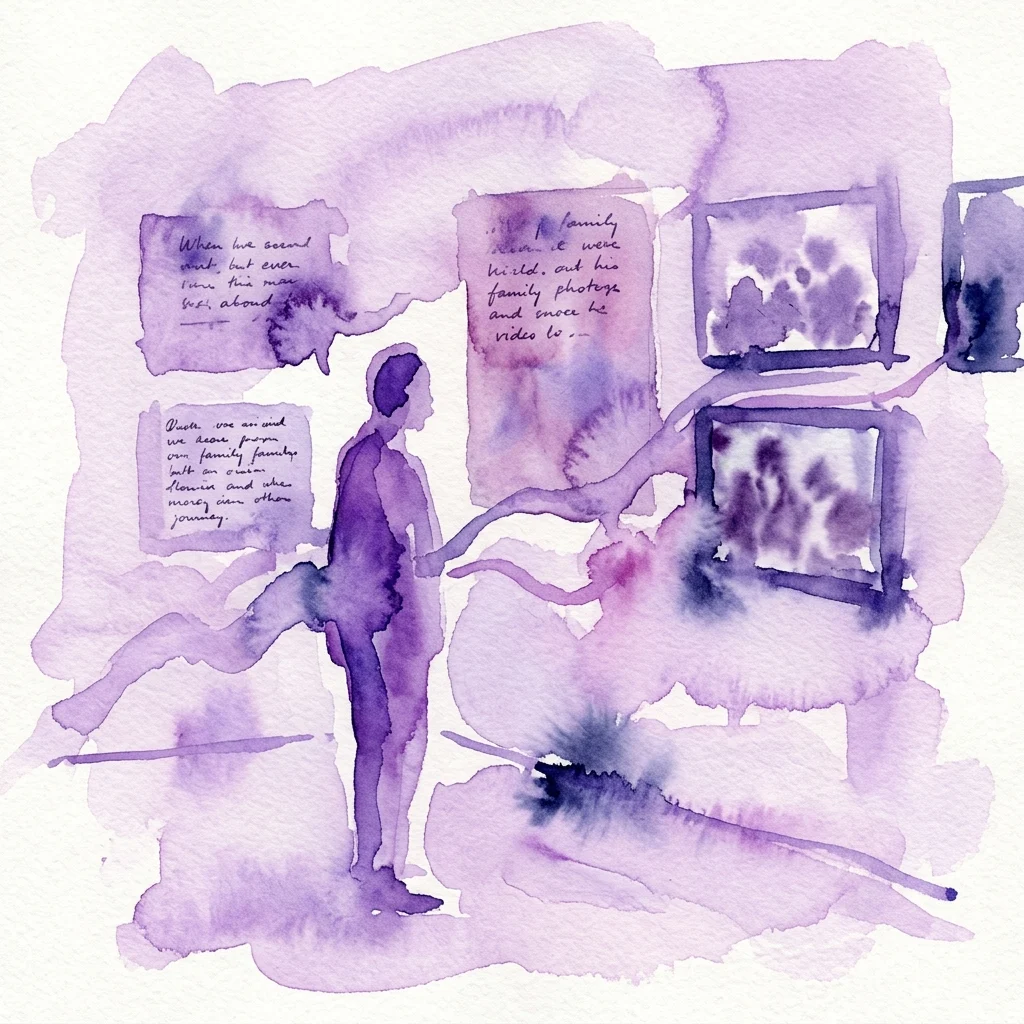 Ilustracja akwarelowa przedstawiająca osobę w galerii, otoczoną rodzinnymi fotografiami i odręcznie napisanym tekstem, ukazująca wystawę Silvii Rosi 'Encounter', która bada tematykę imigracji i historii rodziny poprzez autoportrety.