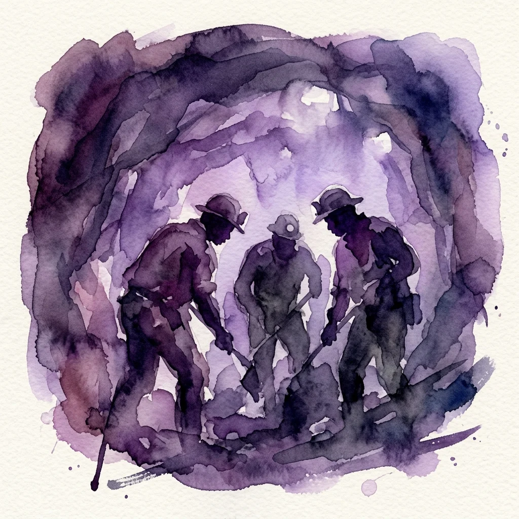 Una ilustración en acuarela de tres mineros en un túnel de mina, representada en tonos morados oscuros y negros, que simboliza las duras condiciones del trabajo minero en Sudáfrica durante la era del apartheid.