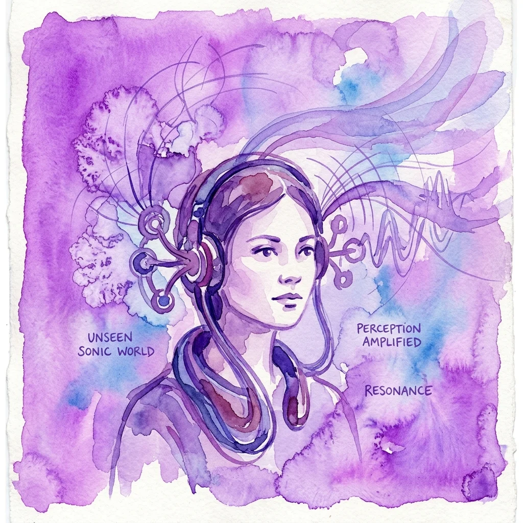 Ilustracja akwarelowa przedstawiająca osobę noszącą futurystyczny zestaw słuchawkowy z wysuwanymi nausznikami, otoczoną fioletowo-niebieskimi barwami, z etykietami tekstowymi „Niewidzialny Świat Dźwięków”, „Wzmocnione Postrzeganie” i „Rezonans”, reprezentującymi projekt artystyczny Extendable Ears.