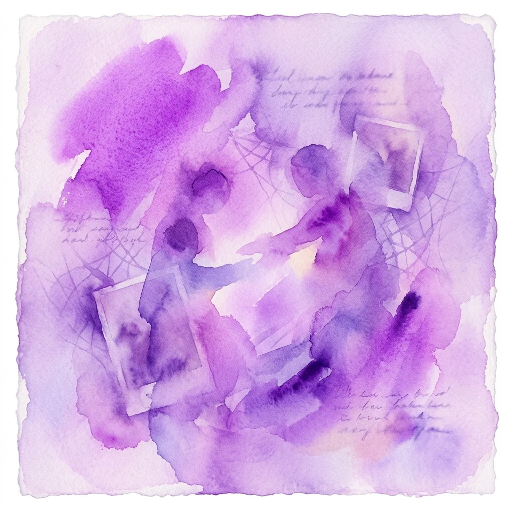 Fioletowy obraz akwarelowy przedstawiający abstrakcyjne postacie, ręcznie pisaną tekst i zdjęcia w stylu Polaroid, wywołujący tematykę wspomnień i więzi rodzinnych.