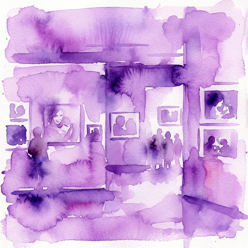 Een paarse aquarelillustratie die een kunstgalerie-interieur weergeeft met bezoekers die ingelijste foto's aan de muren bekijken.