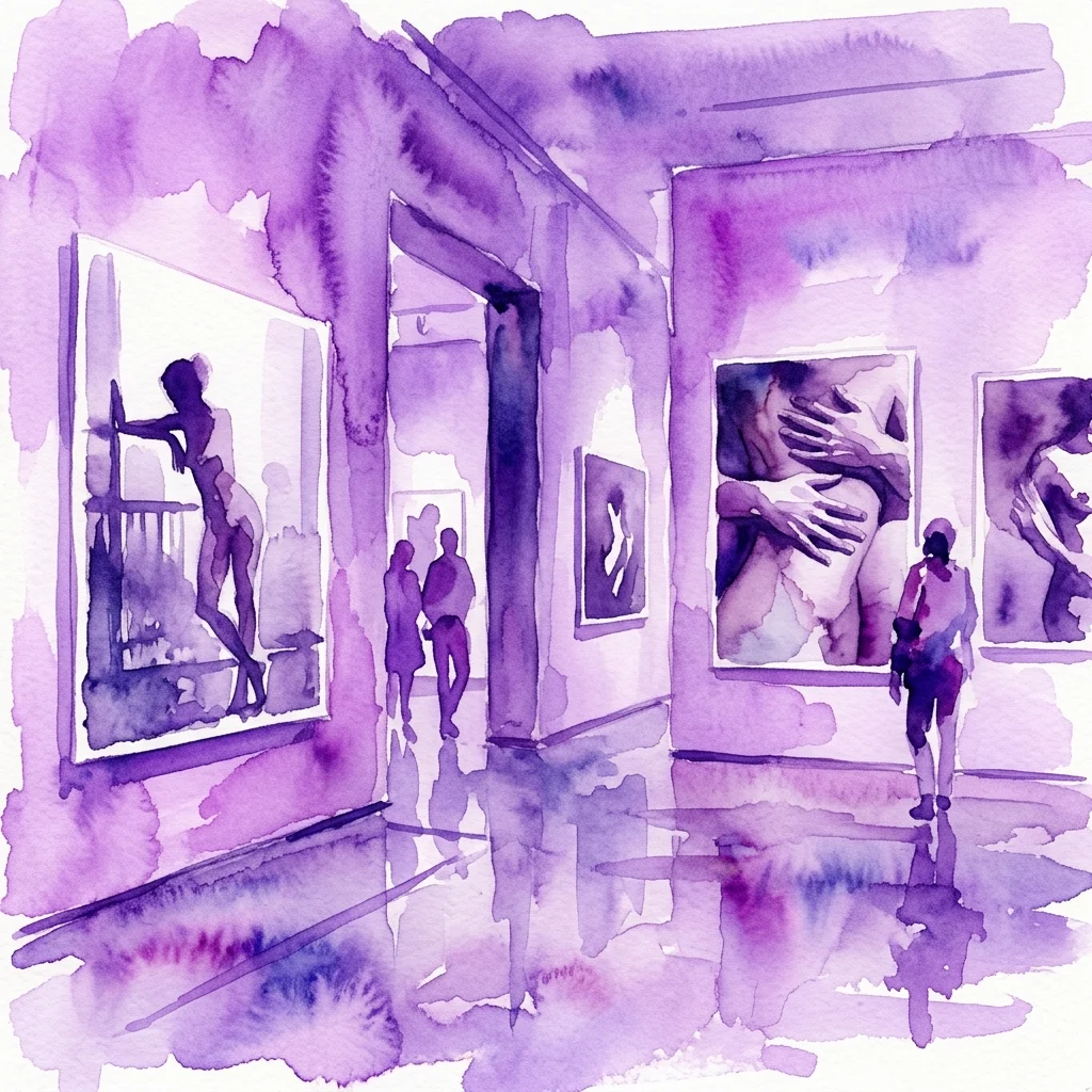Ilustracja akwarelowa przestrzeni galerii z fotografiami postaci ludzkich w odcieniach fioletu, zwiedzający obserwujący dzieła sztuki w kontemplacyjnej atmosferze.