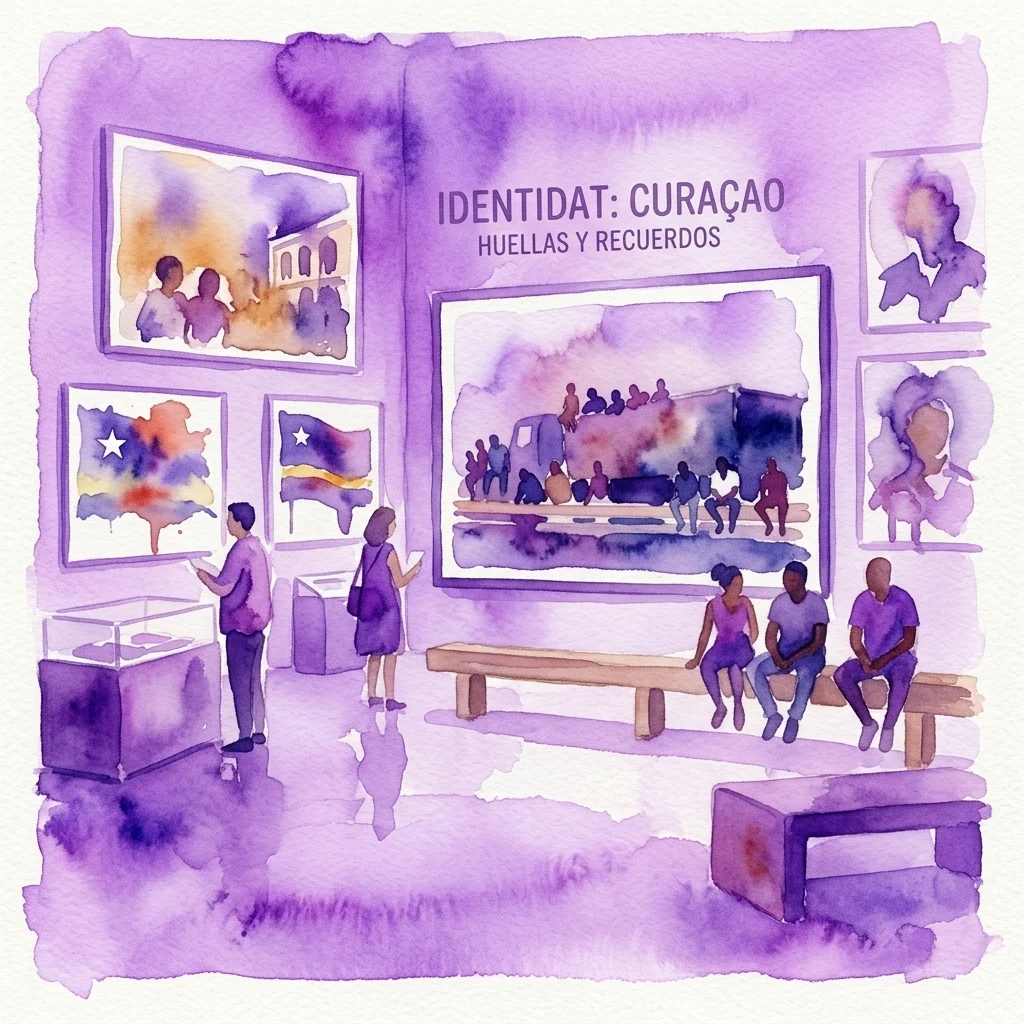 Ilustracja akwarelowa wystawy w galerii pod tytułem 'Identidad: Curaçao - Huellas y Recuerdos' przedstawiająca fotografie ludzi i symboli kulturowych, z odwiedzającymi oglądającymi dzieła sztuki.