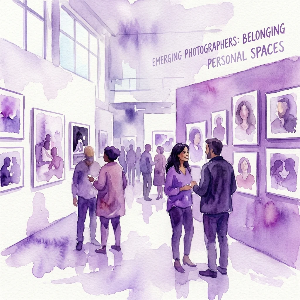 Waterverfillustratie van bezoekers die een fotografie-expositie met de titel 'Emerging Photographers: Belonging Personal Spaces' bekijken in een moderne galerie met paars getinte kunstwerken.