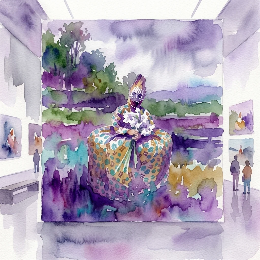 Ilustracja akwarelowa galerii muzealnej przedstawiająca duży obraz osoby w tradycyjnym stroju, będący częścią wystawy Foam X Hydra prezentującej młodych meksykańskich fotografów.