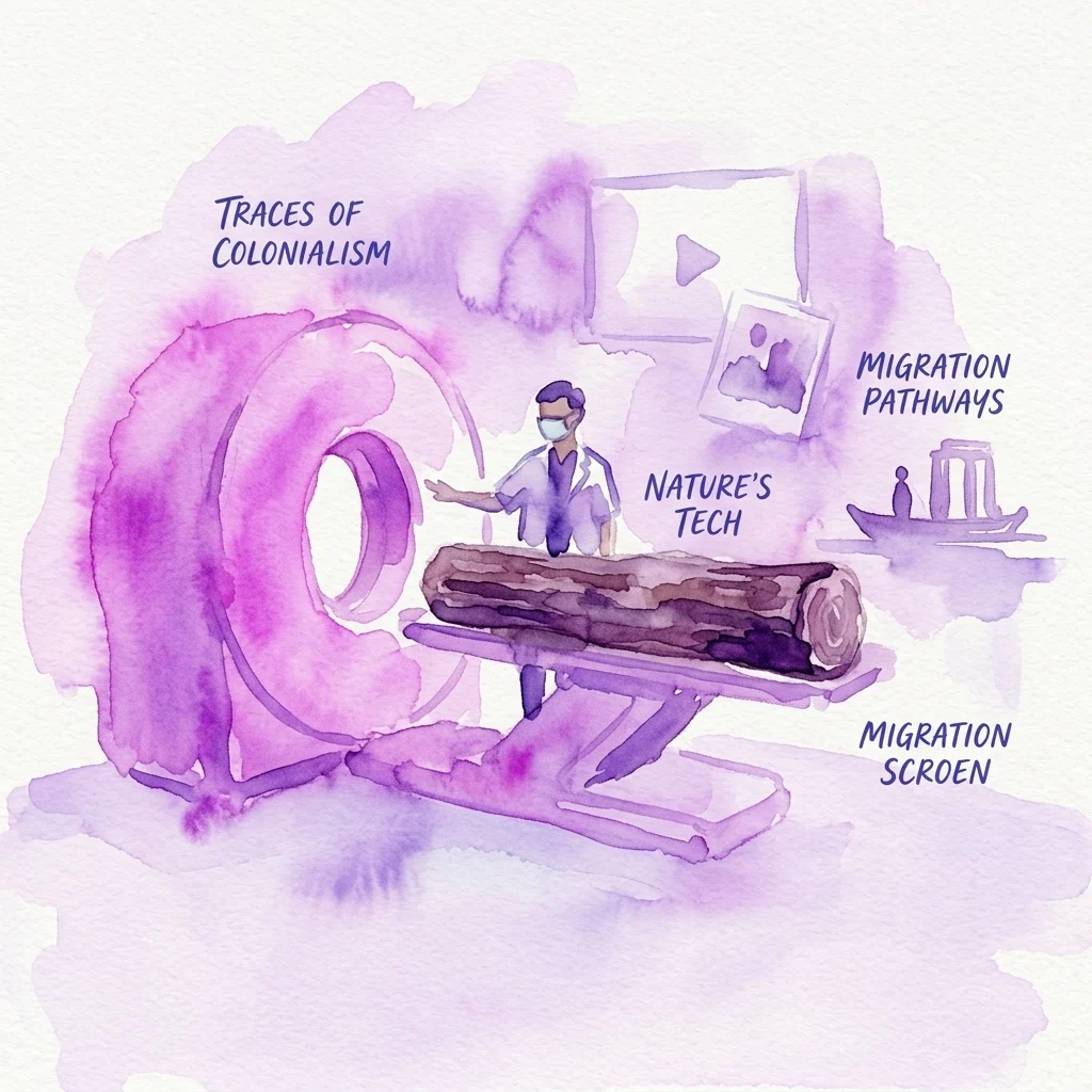 Ilustracja akwarelowa skanera medycznego z dziennikiem, zatytułowana 'Traces of Colonialism', 'Nature's Tech', 'Migration Pathways' i 'Migration Screen', przedstawiająca motywy z wystawy Hiền Hoàng.