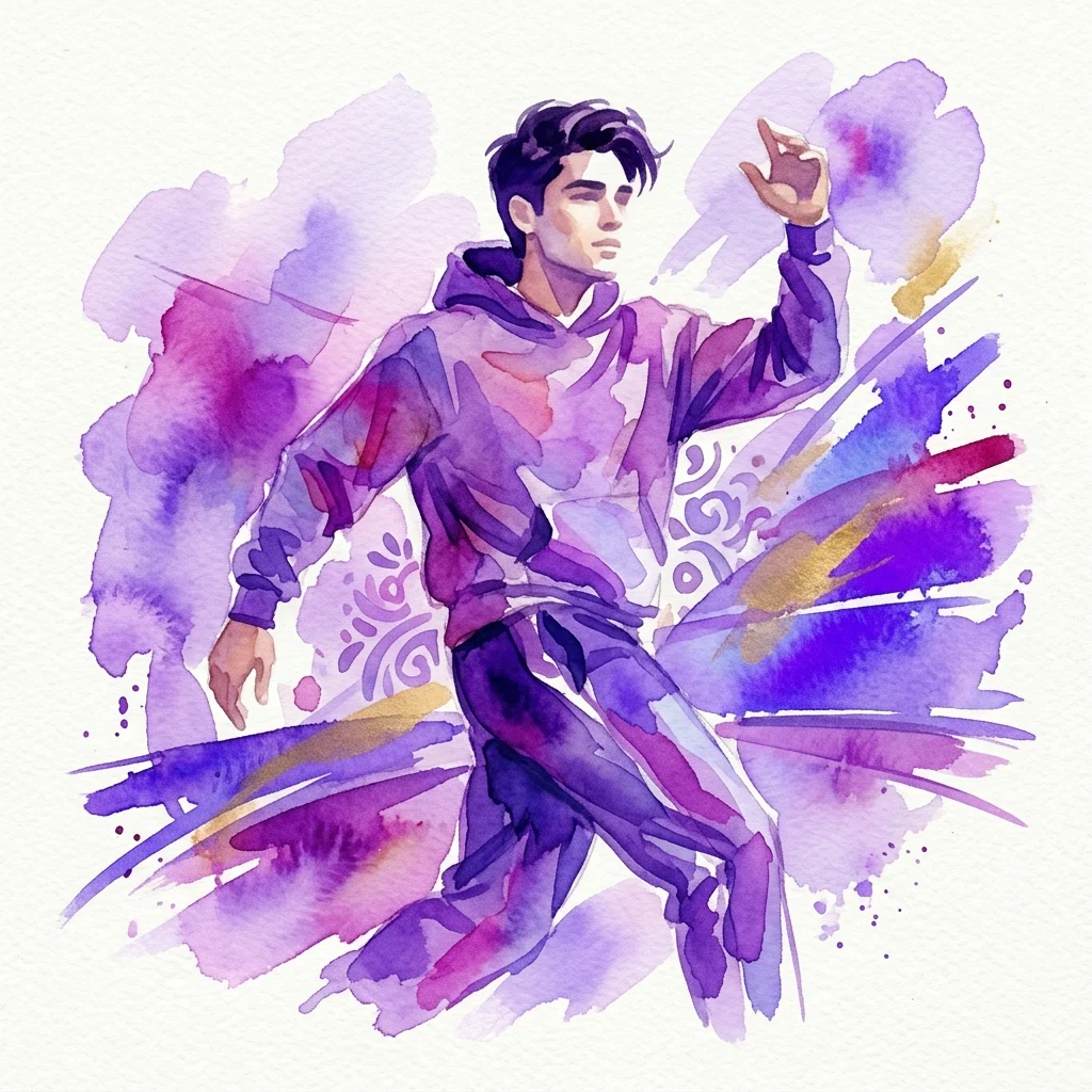 Una ilustración en acuarela de un joven con capucha y pantalones morados, posando dinámicamente contra un vibrante fondo abstracto morado y dorado, que representa el proyecto fotográfico 'Golden Boy' de Kwabena Sekyi Appiah-nti.