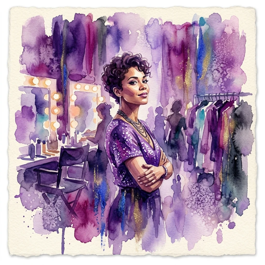 A watercolor illustration of a woman in a sparkling purple outfit standing confidently in a backstage area with a vanity mirror and clothing racks, representing themes of entrepreneurship and community in Atlanta's hip-hop culture.