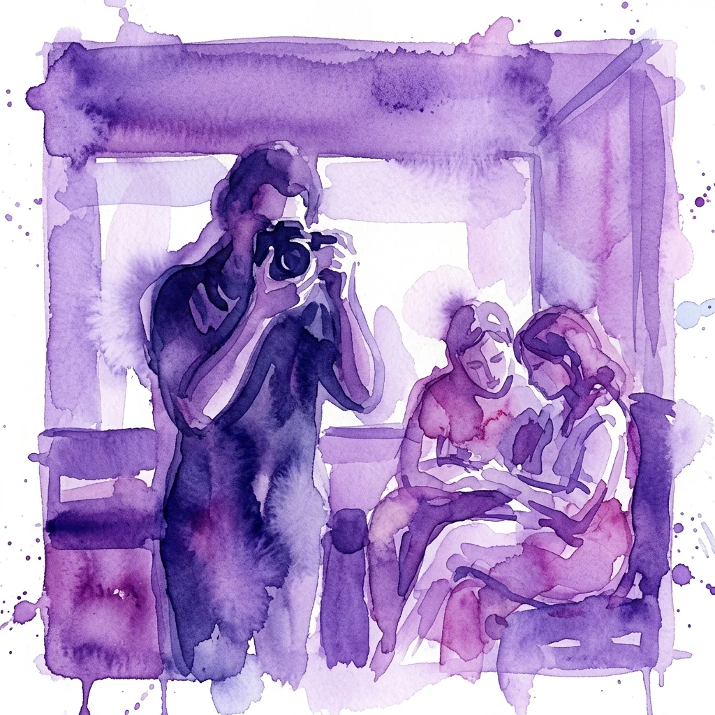 Fioletowa akwarelowa ilustracja kobiety fotografującej swoich dwóch nastoletnich braci w ograniczonej przestrzeni wewnętrznej, uchwycająca intymne chwile podczas kwarantanny.