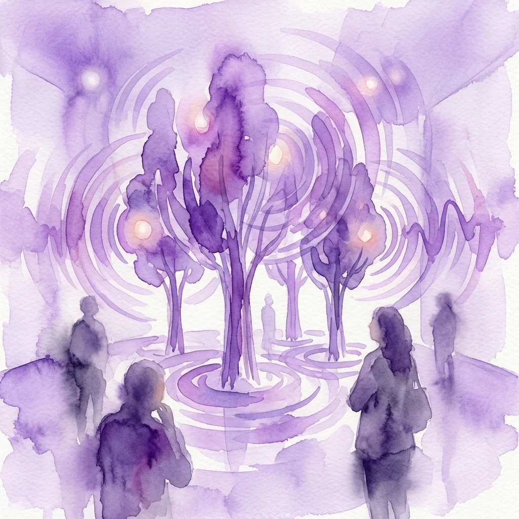 A watercolor illustration of a multi-sensory art installation featuring purple trees with glowing orbs and concentric rings, surrounded by silhouetted figures in a contemplative gallery space.