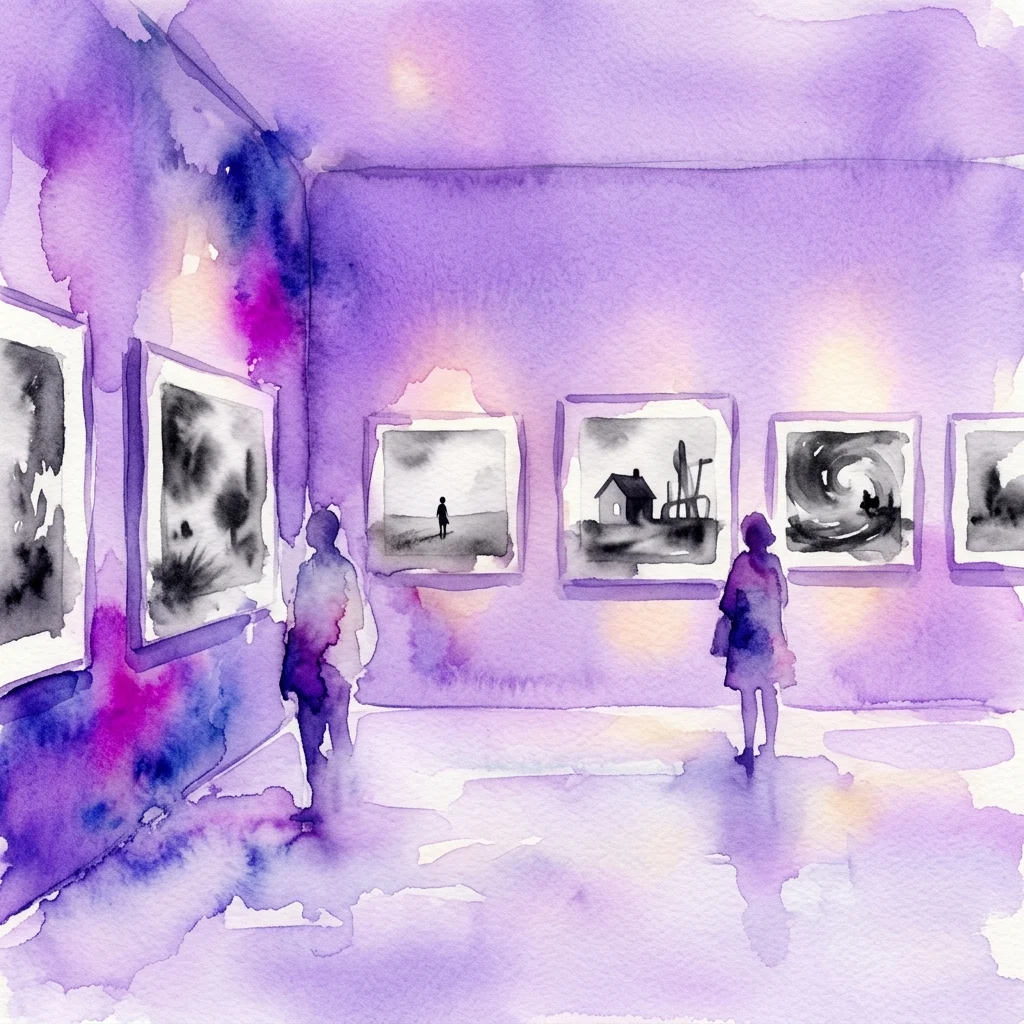 Ilustracja akwarelowa galerii sztuki z fioletowym oświetleniem, przedstawiająca czarno-białe fotografie na ścianach i dwoje zwiedzających obserwujących dzieła sztuki.