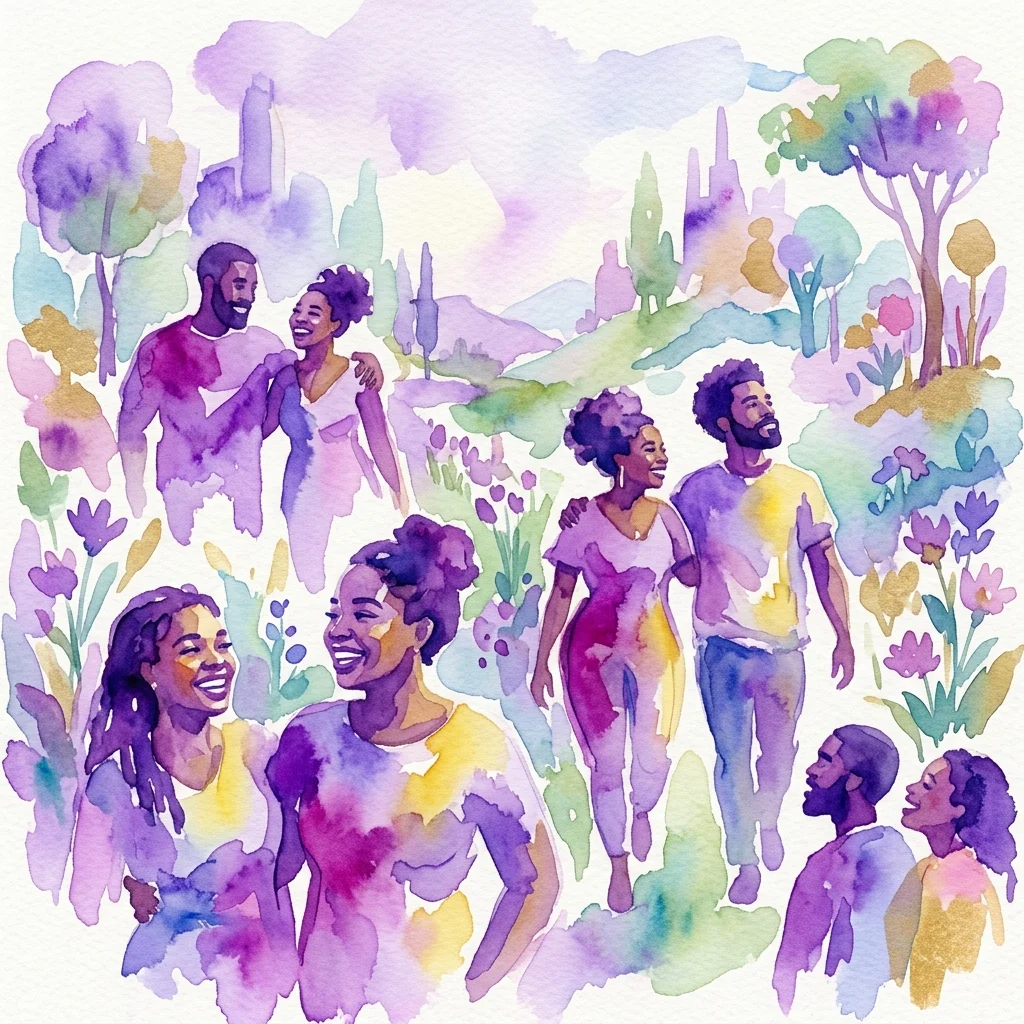 Levendige aquarelportretten van zwarte individuen in kleurrijke, utopische landschappen, die radicale vreugde en saamhorigheid belichamen, uit de tentoonstelling 'I Can Make You Feel Good' van Tyler Mitchell.