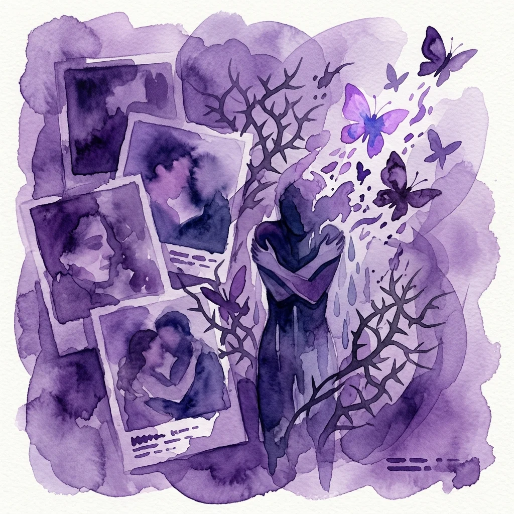 Een aquarelillustratie in paarse tinten die een figuur afbeeldt die zichzelf omhelst, omringd door foto's, doornige takken en vlinders, die thema's van identiteit, angst en transformatie symboliseert.