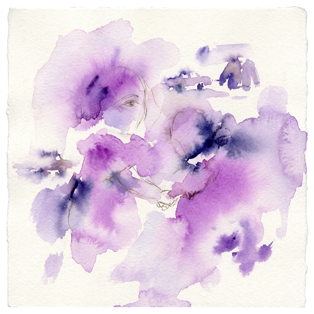 Abstract watercolor artwork in purple and lavender hues, featuring a faint human face and figures, evoking a dreamlike and emotional atmosphere.