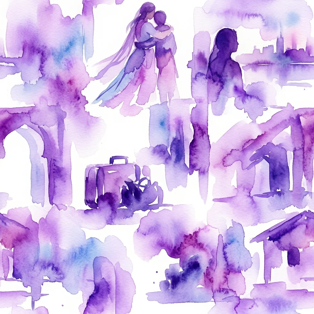 Una acuarela en tonos púrpuras y azules que representa figuras abrazándose, una maleta y formas arquitectónicas abstractas, simbolizando temas de migración e identidad cultural.