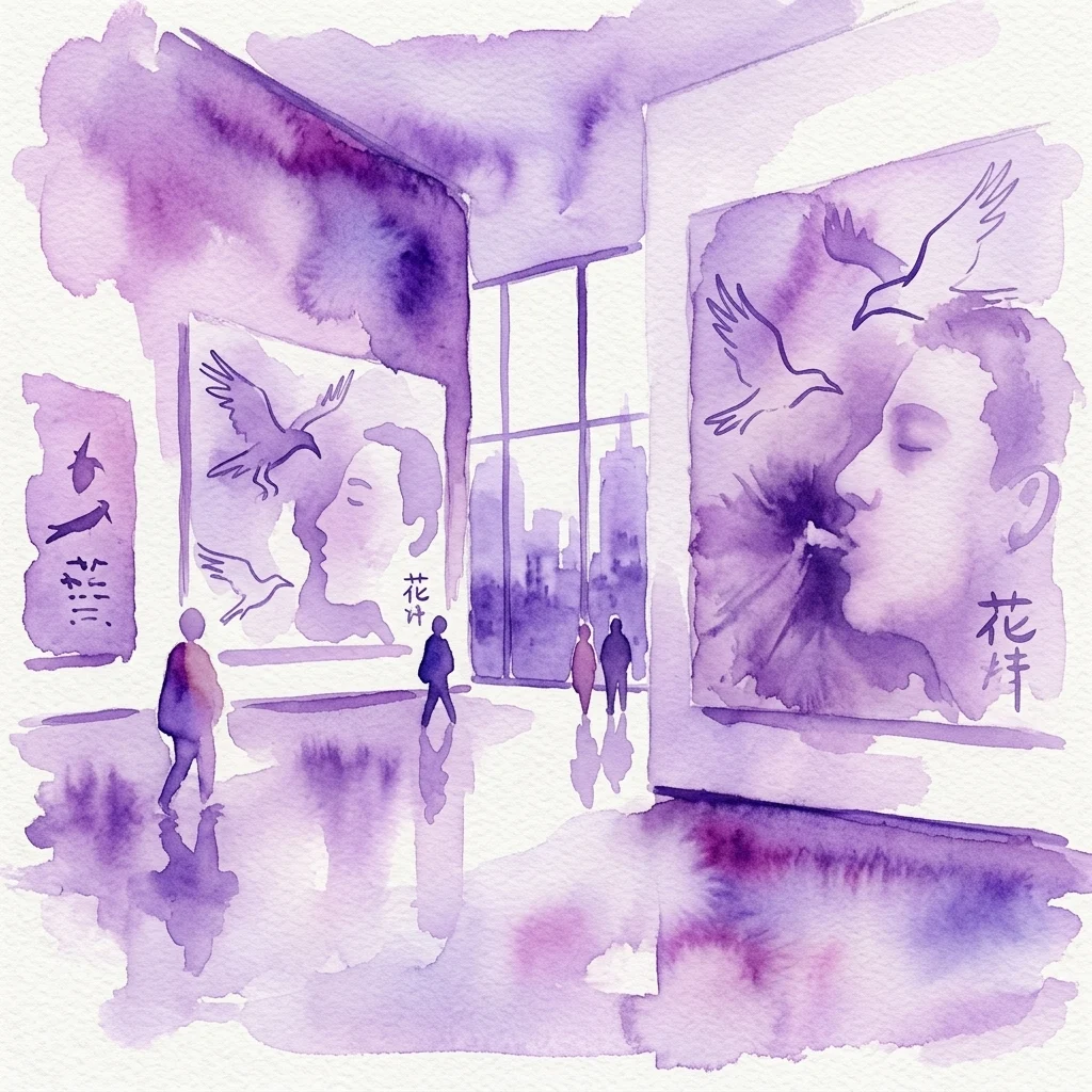 Ilustración en acuarela de una galería de museo con grandes obras de arte que presentan cuervos y rostros humanos, visitantes caminando por el espacio y un esquema de color púrpura.