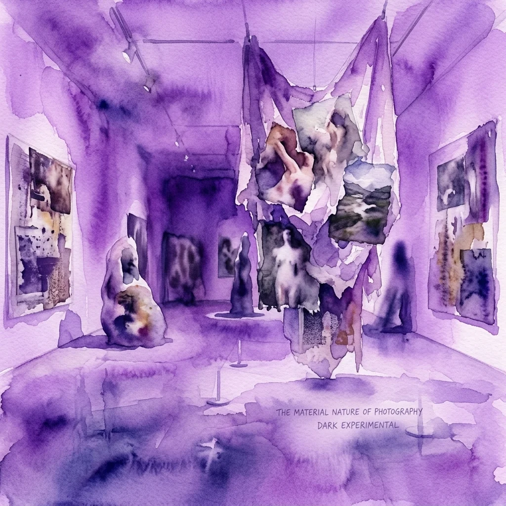 Een kunstgalerie-installatie met abstracte sculpturale fotografische werken van Daisuke Yokota, die de materiële aard van fotografie onderzoekt met een donkere, experimentele sfeer.