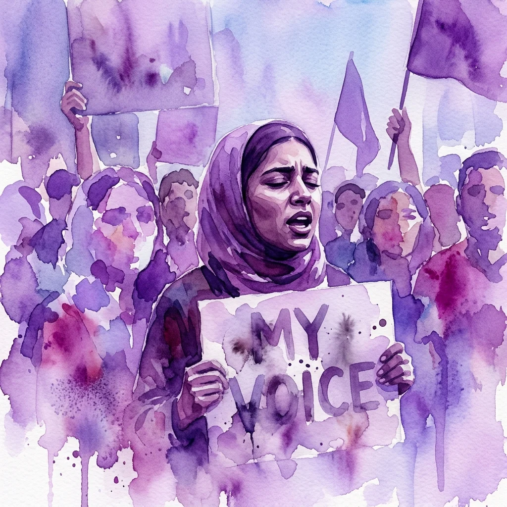 Ilustracja akwarelowa kobiety w hidżabie trzymającej transparent z napisem 'MY VOICE' podczas protestu, otoczonej przez tłum z flagami i transparentami, w odcieniach fioletu i błękitu.