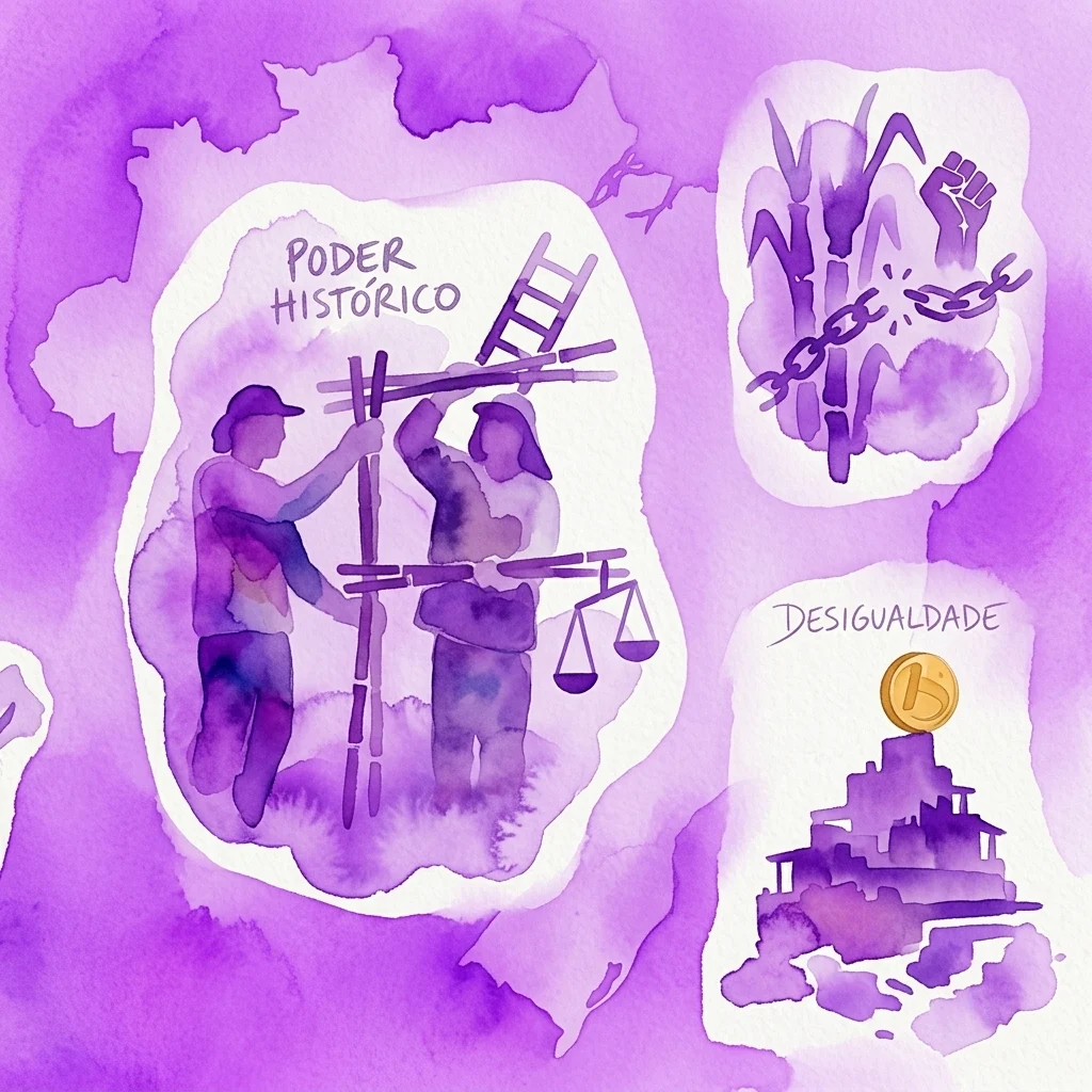 Watercolor illustration in purple tones depicting themes of historical power and inequality. Shows figures building a structure under 'PODER HISTÓRICO', a broken chain with a raised fist, and a coin atop a building labeled 'DESIGUALDADE'.