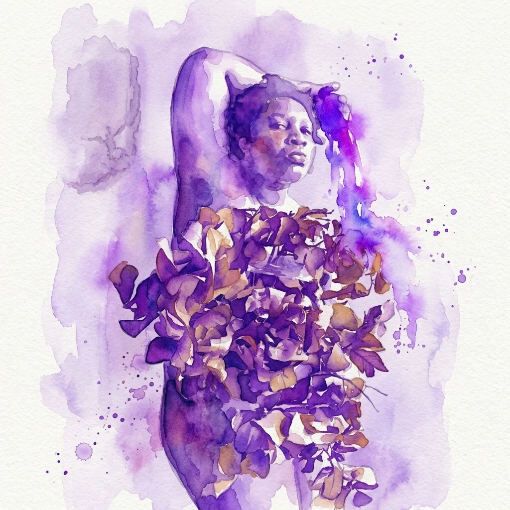 Portret w akwareli czarnej postaci z zamyślonym wyrazem twarzy, otoczonej fioletowymi i brązowymi elementami kwiatowymi, niosący tematykę odporności i emocjonalnego uwolnienia.