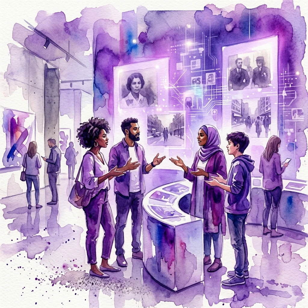 Een diverse groep mensen in gesprek in een moderne galerie, met archieffoto's geprojecteerd op schermen op de achtergrond, die thema's als AI en fotografisch geheugen illustreren.