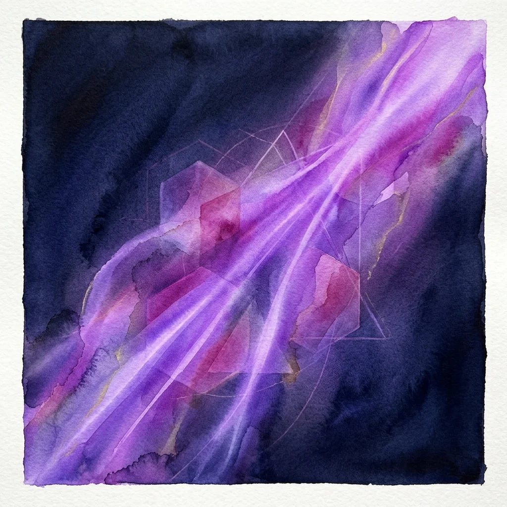 Abstract aquarelkunstwerk met paarse en roze lichtstralen die over een donkerblauwe achtergrond stralen, met subtiele geometrische vormen die spirituele of wetenschappelijke verlichting suggereren.
