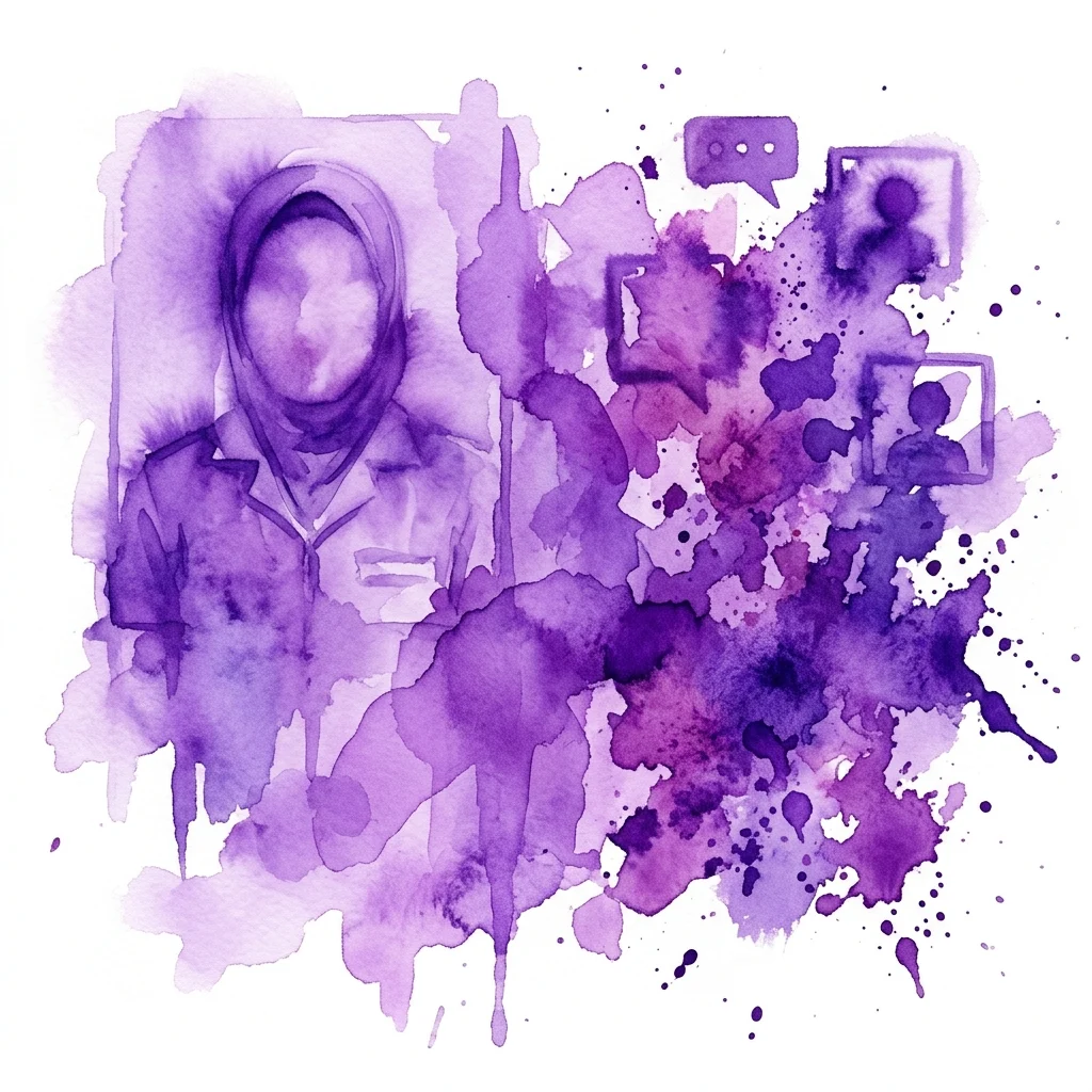 Paars aquarelkunstwerk dat een figuur met een hijab afbeeldt naast social media-iconen, waarmee thema's als identiteit en digitale aanwezigheid in de tentoonstelling van Rebecca Sampson worden weergegeven.