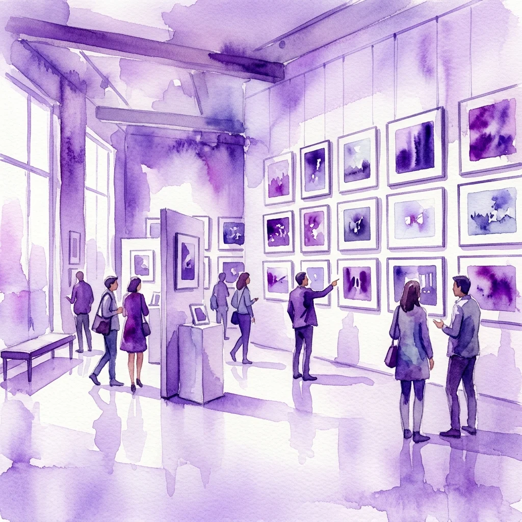 Ilustración en acuarela de visitantes observando fotografías enmarcadas en una galería, representando la exposición 'recommended Olympus Fellowship 2020' en Foam.