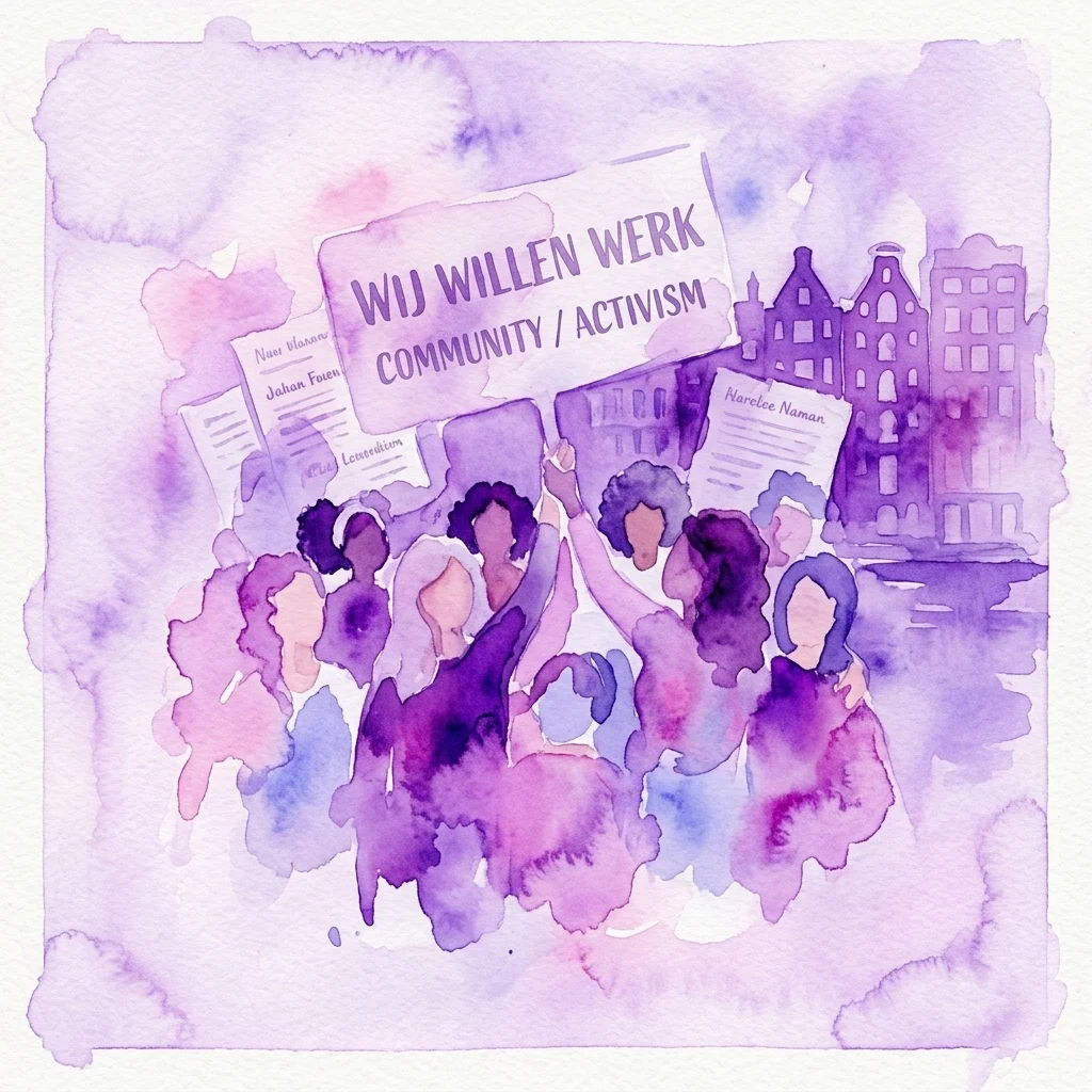 Waterverfillustratie van diverse vrouwen die demonstreren met spandoeken met de tekst 'WIJ WILLEN WERK' en 'COMMUNITY / ACTIVISM', tegen een achtergrond van Amsterdamse gebouwen.