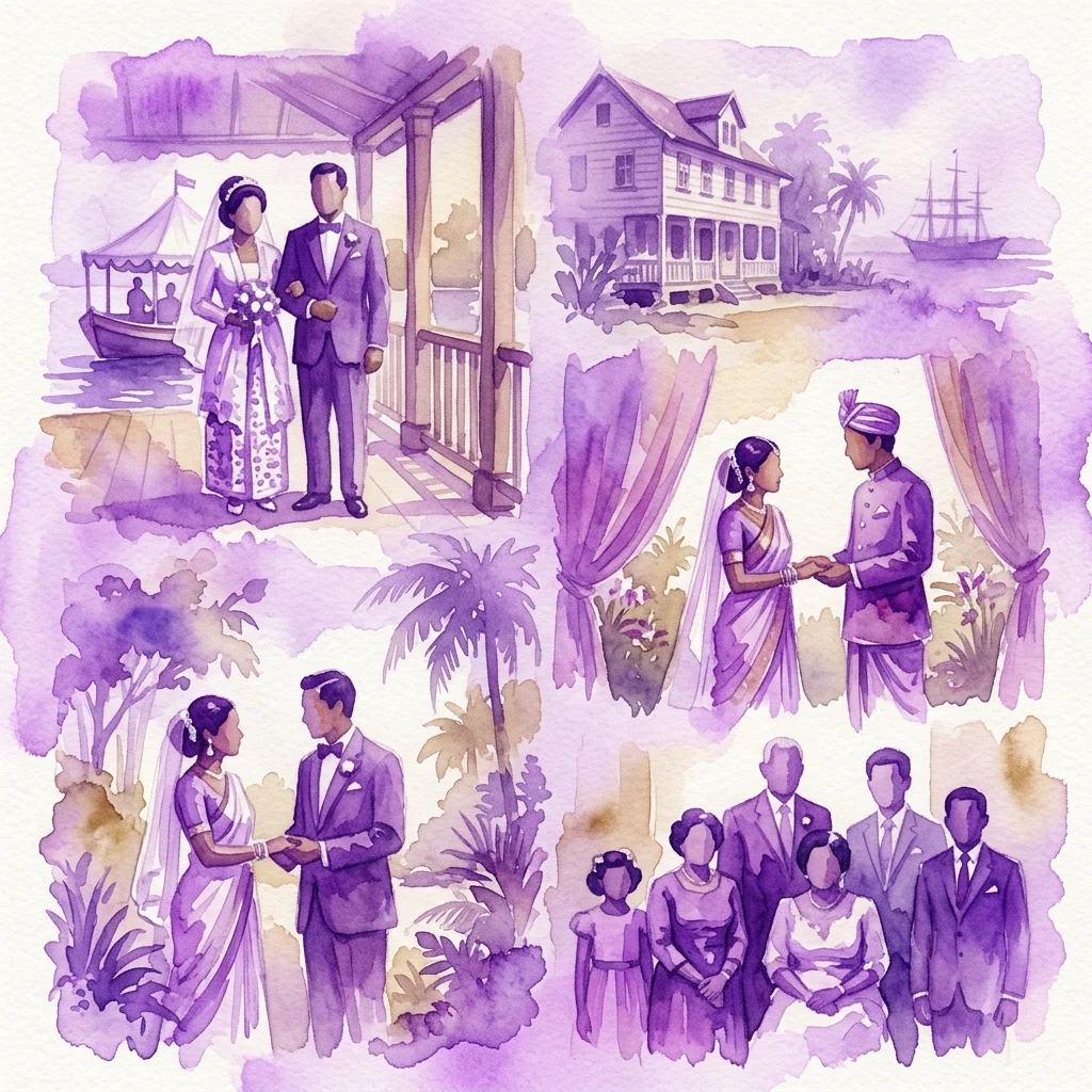 Ilustracja akwarelowa w stylu vintage przedstawiająca portrety ślubne z Surinamu, ukazująca zróżnicowane pary i rodziny w strojach wizytowych, na tle z epoki kolonialnej z łodziami, palmami i tradycyjnymi domami, wywołująca nostalgiczny i wielokulturowy temat.