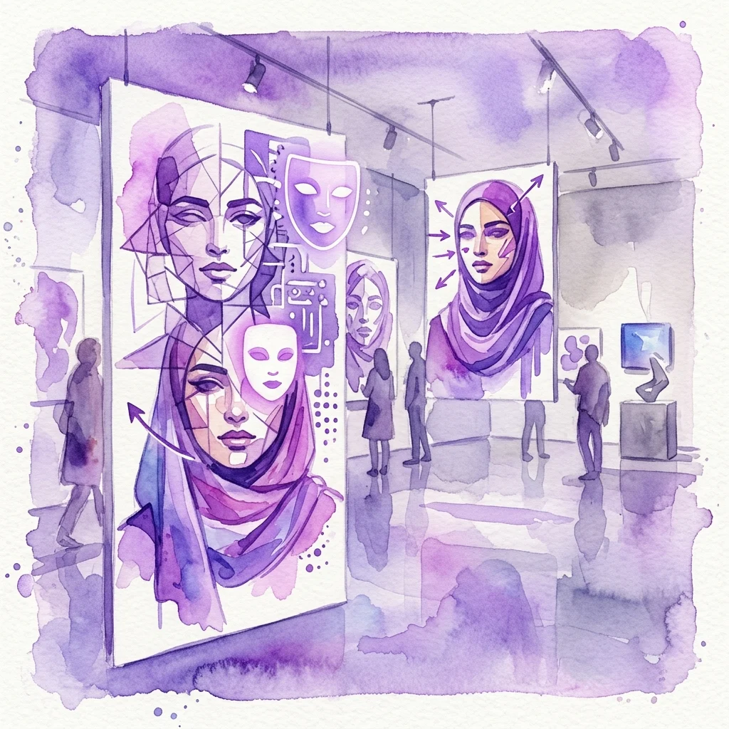 Een aquarelillustratie van een kunstgalerie-expositie met digitale kunstinstallaties met gefragmenteerde gezichten, AI-schoonheidsfilters en hijab-motieven, die thema's als schoonheidsnormen en identiteit onderzoeken.
