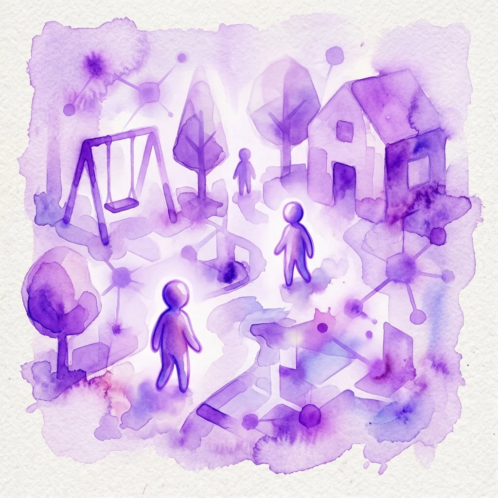A purple watercolor illustration depicting a nostalgic scene with 3D-rendered figures, a swing set, trees, and a house, representing childhood memories and introspection.