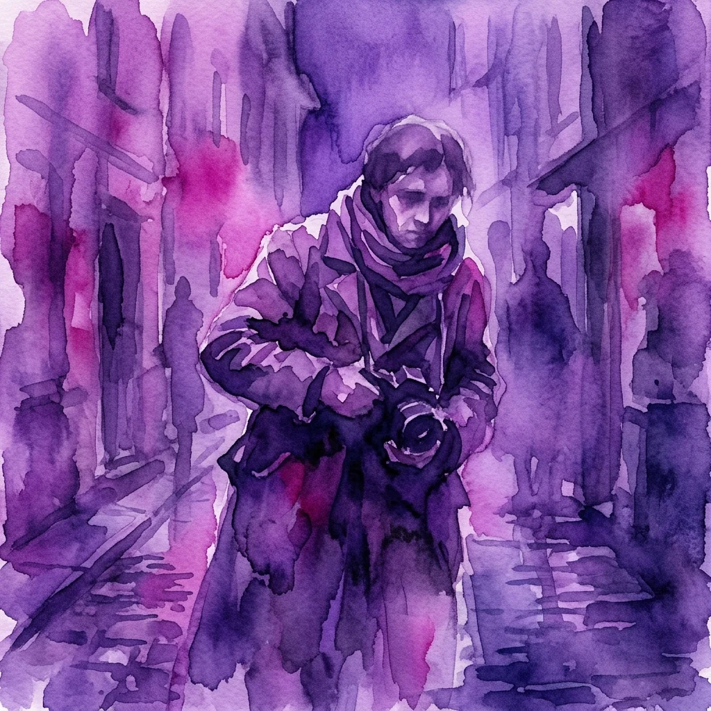A watercolor illustration of a person in winter clothing holding a camera, depicted in a dimly lit urban setting with purple and pink hues, evoking a sense of urgency and hardship during a famine winter.