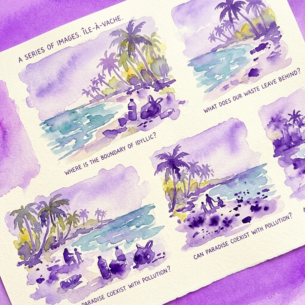 Ilustracje akwarelowe przedstawiające tropikalne plaże z palmami i śmieciami, kwestionujące współistnienie raju i zanieczyszczenia na Île-à-Vache.