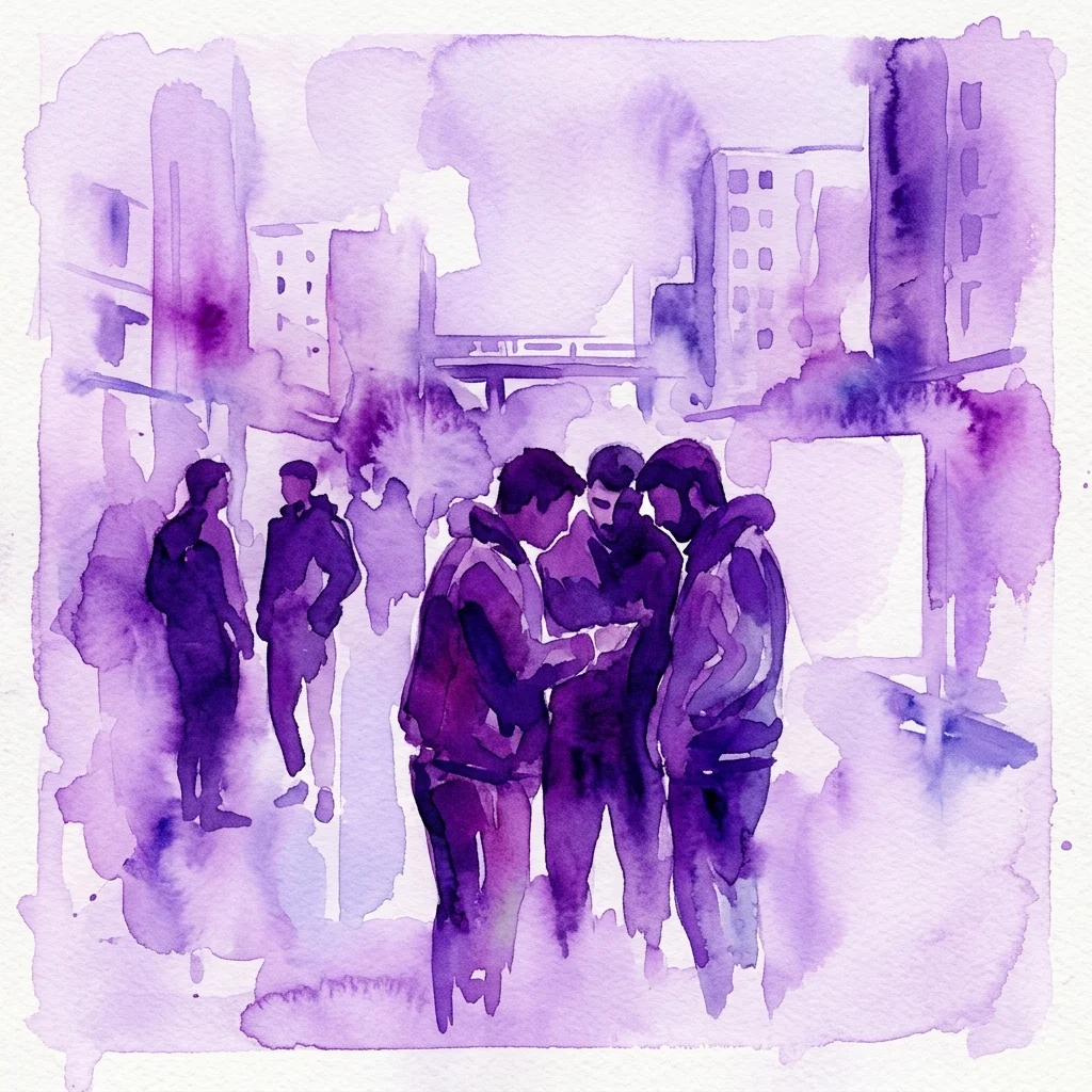Fioletowa akwarelowa ilustracja młodych mężczyzn w grupie, przedstawiająca solidarność na podmiejskich przedmieściach, część projektu fotograficznego Turunç autorstwa Solène Gün.