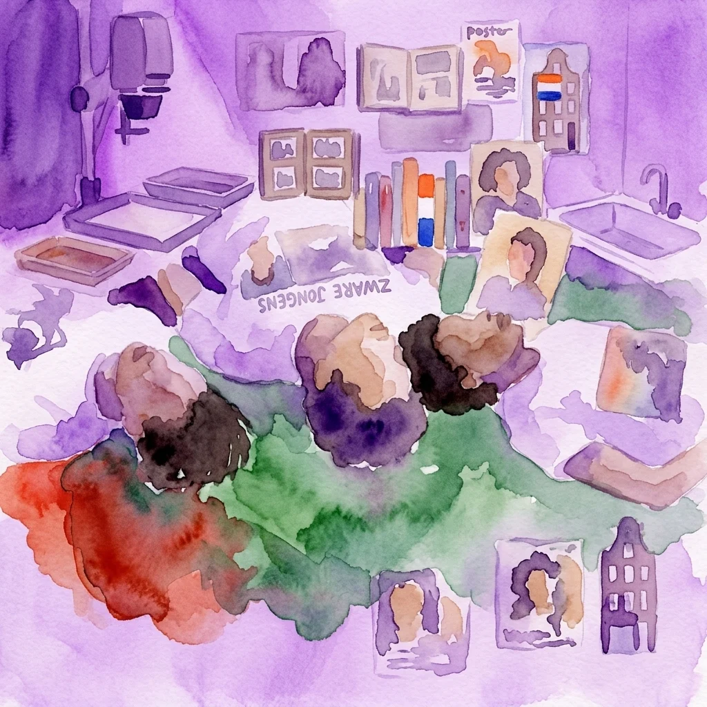 Watercolor illustration of a darkroom with photographic equipment, portraits, and Dutch architectural elements, representing the exhibition 'Us in the Frame' by Ajamu X.