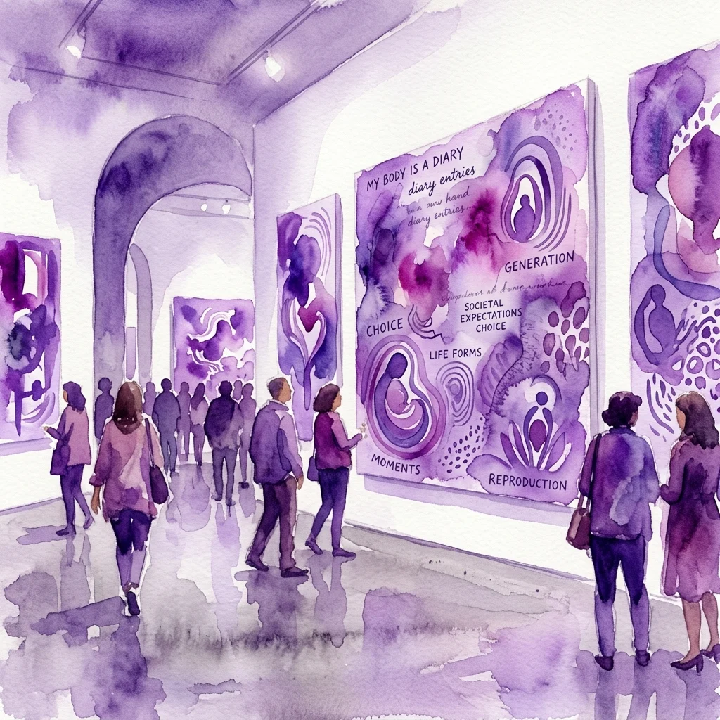 Watercolor illustration of visitors viewing Verena Blok's 'Love Shit' exhibition at Foam, featuring large purple artworks with text on reproduction, choice, and societal expectations.