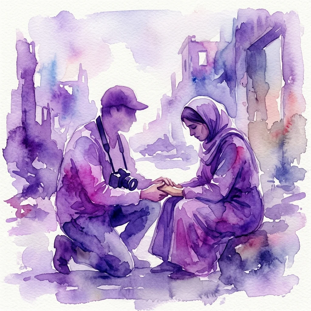 A watercolor illustration of a photojournalist kneeling and holding hands with a woman in a headscarf, set against a backdrop of war-torn buildings, symbolizing human connection amidst conflict.