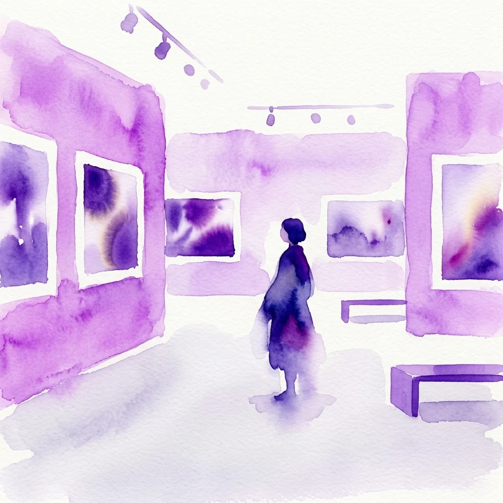 Ilustracja akwarelowa przestrzeni galerii z wystawionymi abstrakcyjnymi dziełami sztuki w odcieniach fioletu, zwiedzającym obserwującym wystawę i minimalistycznymi oprawami oświetleniowymi nad głową.