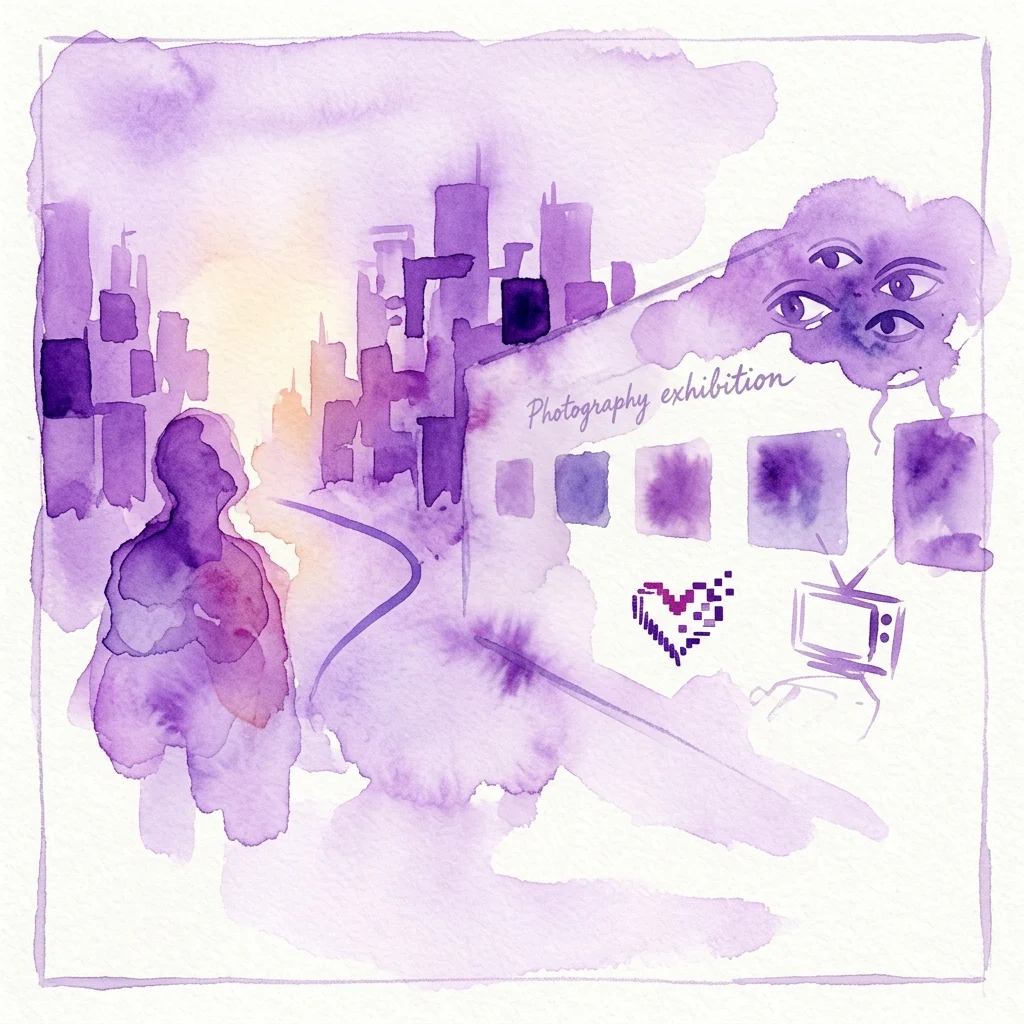 A purple watercolor illustration of a photography exhibition featuring a lone figure, an imaginary cityscape, a television, and a cloud of eyes, representing themes of solitude and media critique.