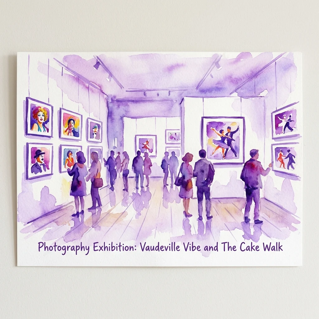 Ilustracja akwarelowa galerii sztuki z odwiedzającymi oglądającymi fotografie wykonawców wodewilowych i tancerek, na temat szaleństwa tanecznego Cake Walk.
