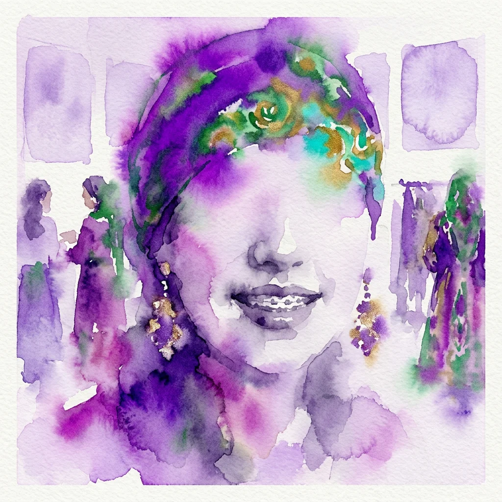 Watercolor portrait of a smiling woman in vibrant purple and green tones, featuring traditional headwear and earrings, representing Hailun Ma's artistic exploration of cultural identity and fashion in Xinjiang.