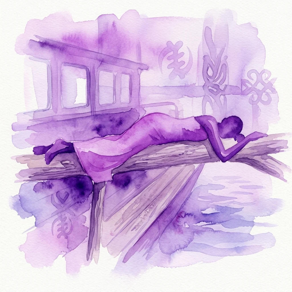 A watercolor illustration in purple hues depicting a figure lying on a ferry deck, with abstract architectural elements and symbolic motifs, representing the Tapsei exhibition by Fidelio Faustino.