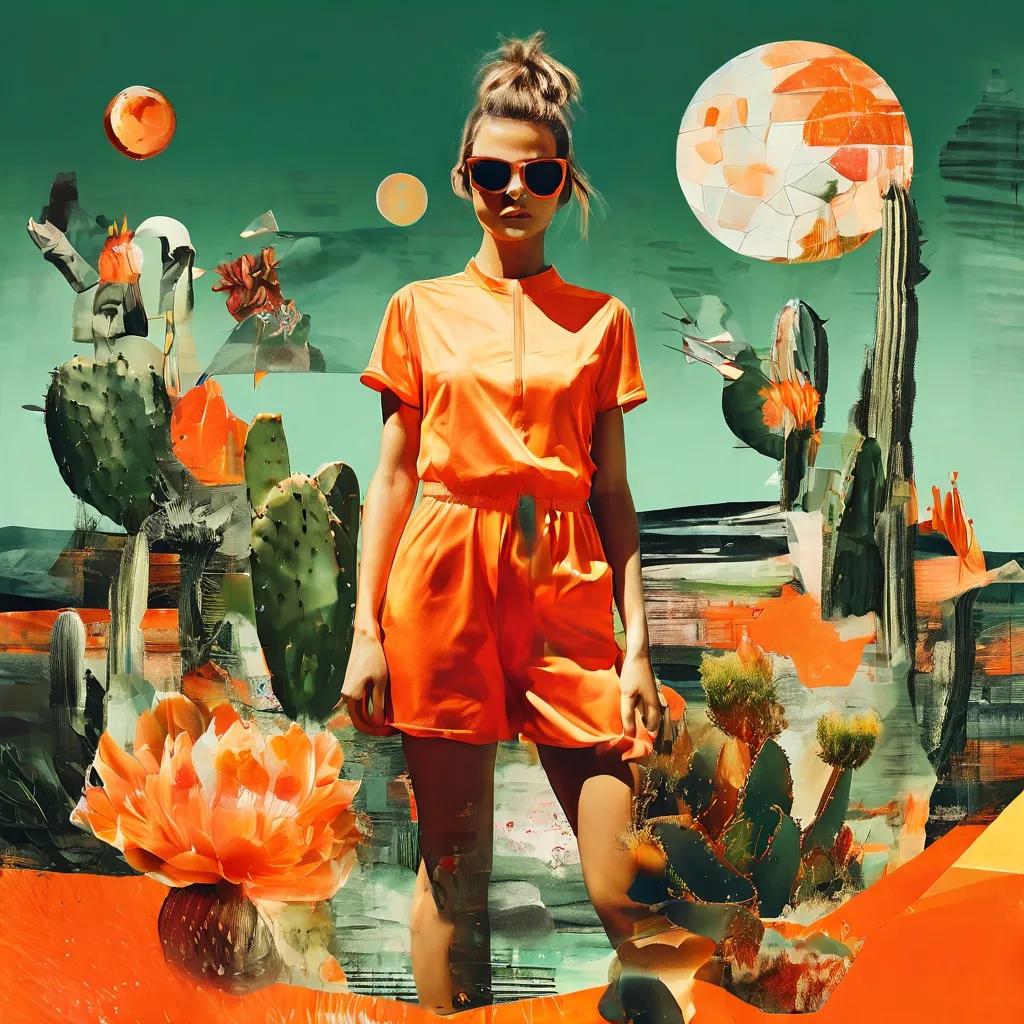 Abstracte artistieke collage door Jos Houweling met surrealistische interpretaties van een voetbalveld en vervormde menselijke figuren.