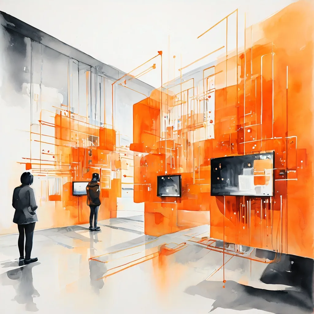 Een conceptuele kunstinstallatie in Foam Fotografiemuseum met digitale schermen die abstracte datapPatronen en een gestileerde menselijke figuur weergeven, omringd door digitale elementen, die thema's als AI, surveillance en privacy vertegenwoordigen.