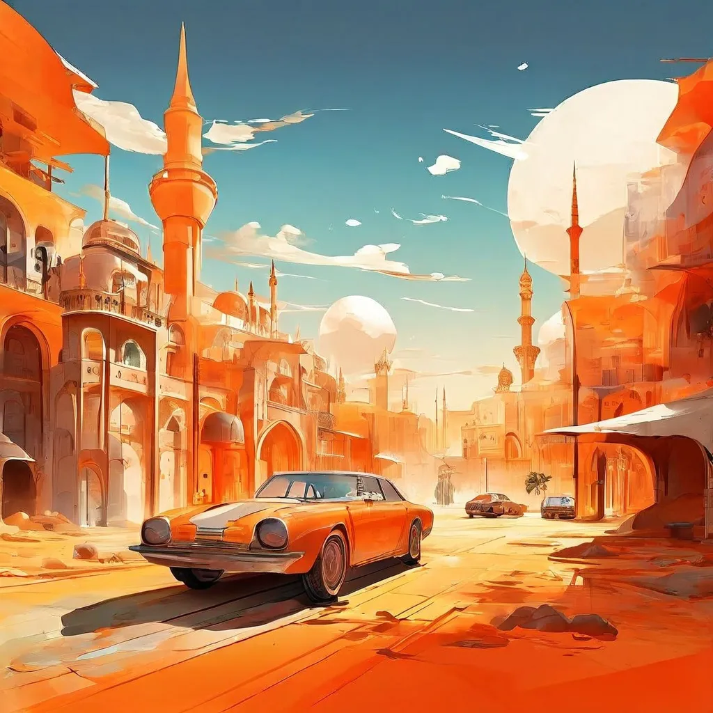 A digital art installation at Foam Fotografiemuseum Amsterdam, featuring stylized 3D rendered objects like minarets and cars, questioning Western video game portrayals of the Middle East.